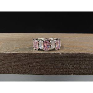 Size 6.25 Silver Tone Fancy Pink And Clear Cubic Zirconia Band Ring